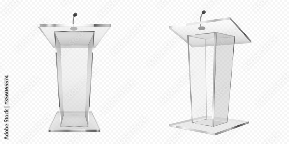 Naklejka premium Glass pulpit, podium or tribune front side view. Rostrum stand with microphone for conference debates, trophy isolated on transparent background. Business presentation speech pedestal Realistic vector