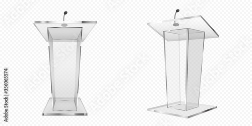 Glass pulpit, podium or tribune front side view. Rostrum stand with microphone for conference debates, trophy isolated on transparent background. Business presentation speech pedestal Realistic vector photo