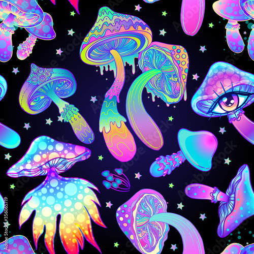Magic mushrooms. Psychedelic hallucination. Vibrant vector illustration. 60s hippie colorful background, hippie and boho texture. Ttrippy wallpaper.