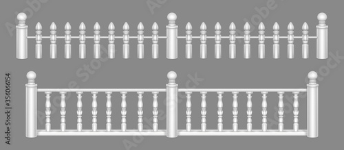 Marble balustrade, white balcony railing or handrails. Banister or fencing sections with decorative pillars. Panels balusters for architecture design isolated elements Realistic 3d vector illustration