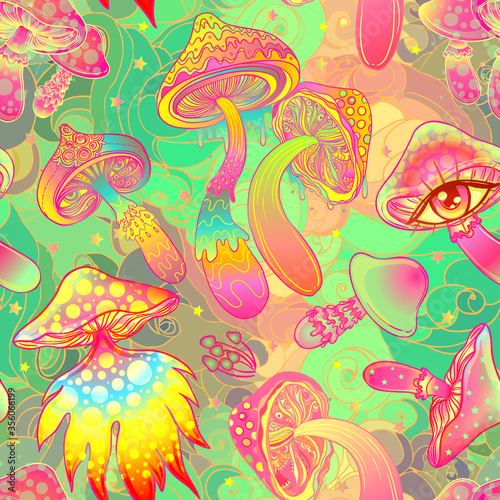 Magic mushrooms. Psychedelic hallucination. Vibrant vector illustration. 60s hippie colorful background, hippie and boho texture. Ttrippy wallpaper.