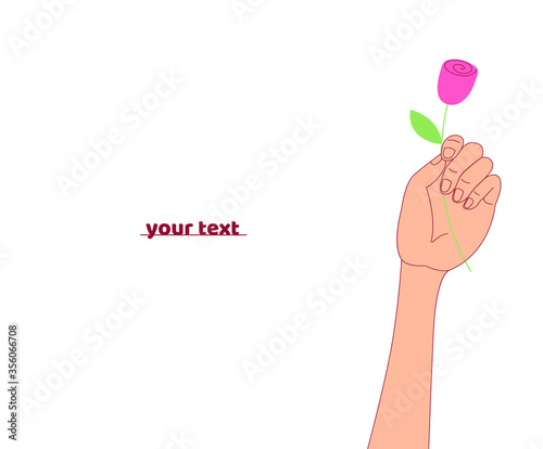 Hand holds a flower. Vector illustration, flat cartoon, eps 10. Concept: declaration of love, gift, holiday, compliment, modest romance, congratulation to a woman, girl, secret admirer.