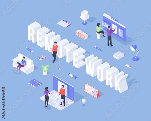 Banner for remote work with three dimensional workers