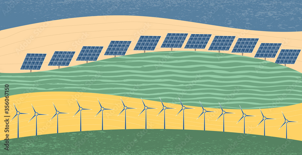 Obraz premium Landscape with solar panels and windmills. Nature, ecology, organic, environment banners. Save the planet and energy concept. Abstract banner of clean green environment. Flat vector cartoon style
