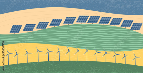 Landscape with solar panels and windmills. Nature, ecology, organic, environment banners. Save the planet and energy concept. Abstract banner of clean green environment. Flat vector  cartoon style
