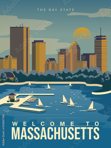 Massachusetts is on a tourist poster. Vintage lighthouse. The east state of the US. Boston area. Printable card for tourists in vintage and retro style photo