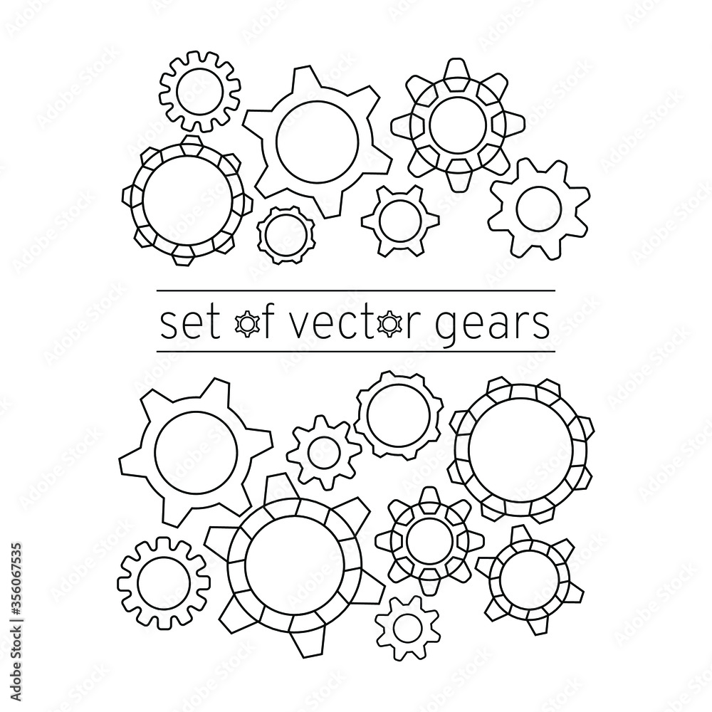 Gears set of different shapes. Concept: mechanism of action, the process of thinking, brainstorming, creation technology, rotation, a system of auxiliary mechanisms. Vector illustration, eps 10. Gears set of different shapes. Concept: mechanism of action, the process of thinking, brainstorming, creation technology, rotation, a system of auxiliary mechanisms. Vector illustration, eps 10.