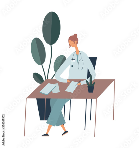 Doctor working with papers in office. Flat vector illustration