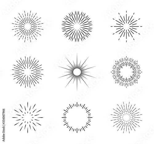 Burst of sun. Vintage sunburst with sparks. Circles with lines. Shine of star rays. Starburst icons and radial sunbeam. Light sunrise or sunset in linear style. Retro sunshine illustration. Vector