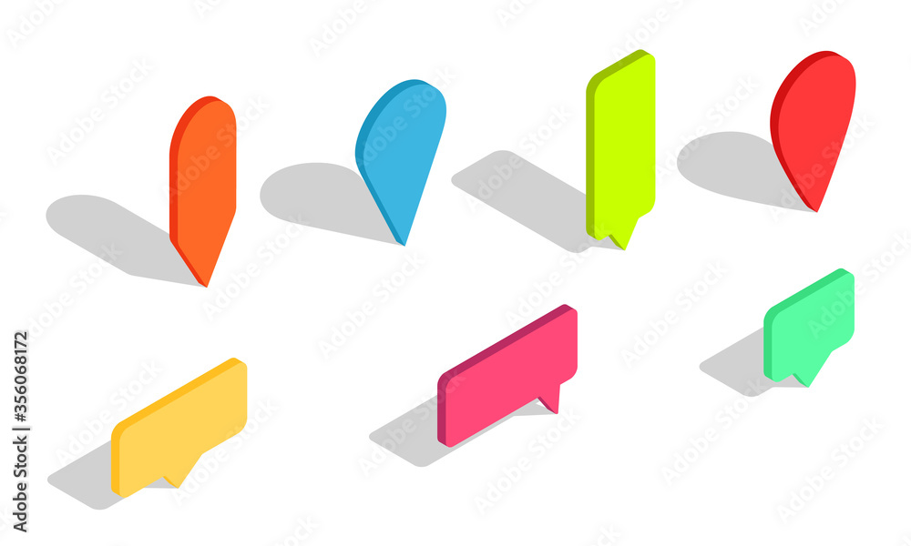 Isometric 3d pin. Pointer for map. Icons of location and markers of gps. Tag for navigation on place, road. Symbol of position, parking. Bubble elements for text in travel. Concept of tourism. Vector Isometric 3d pin. Pointer for map. Icons of location and markers of gps. Tag for navigation on place, road. Symbol of position, parking. Bubble elements for text in travel. Concept of tourism. Vector