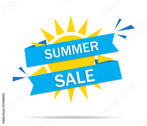 Sale summer banner. Sun background for hot offer. Design flyer and tag for special discount. Yellow and blue poster for promotion or price in shop. Label on season event. Coupon, logo of sale. Vector