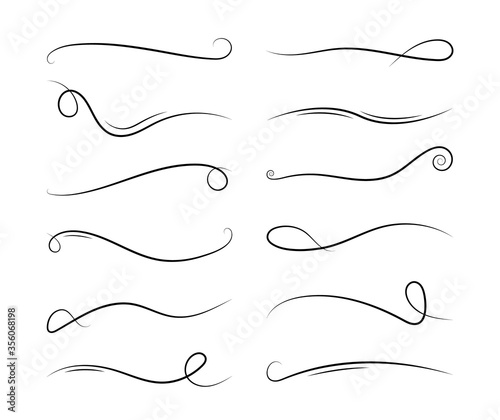 Line swirl. Calligraphy element. Vintage ornate ornament. Decorative divider and scroll. Doodle swash. Curly decoration design. Swirly graphic curl. Hand drawn calligraphic set of lines. Vector