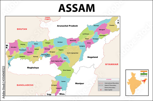 Assam map. Political and administrative map of Assam with districts name. Showing International and State boundary and district boundary of Assam. Vector illustration of districts map. photo