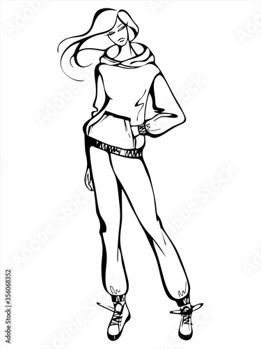 Silhouette of a beautiful young woman in sportswear. A girl with long hair. Vector black-white graphics.