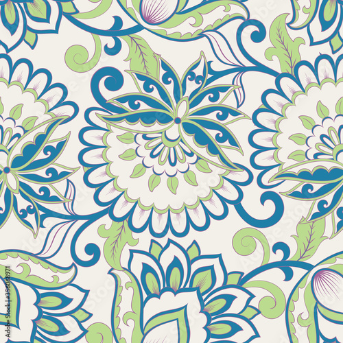 elegance seamless pattern with ethnic flowers and leaf, vector floral illustration in vintage style