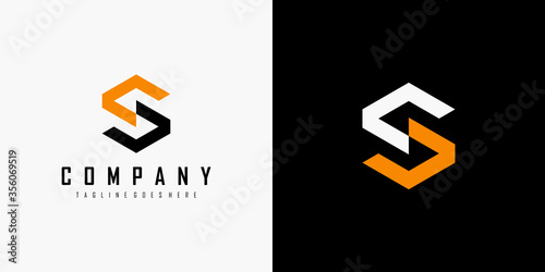 Initial Letter S Logo. Black Orange Geometric Hexagonal Line isolated on Double Background. Usable for Business, Building and Technology Logos. Flat Vector Logo Design Template Element.