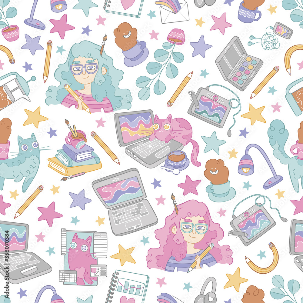 Set. Girls. Cute cats. Notebooks, books, hot drinks and stars. Seamless vector pattern (background). Cartoon print.