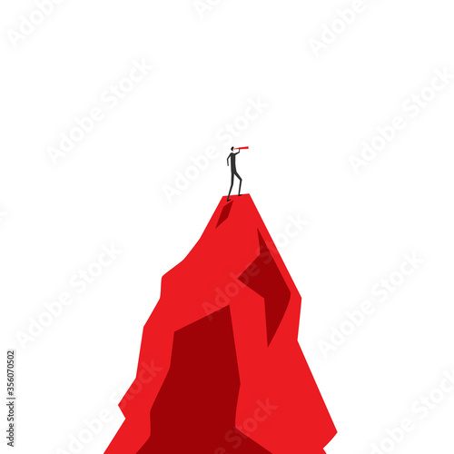 Das Ziel in Sicht - Konzept, Geschäftsmann steht auf Berg und sieht durch Fernglas. Vektor. Abstrakt	
