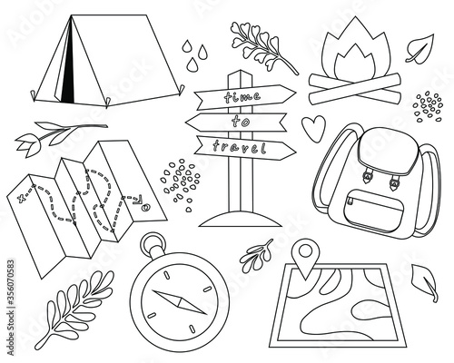 Set of travel icons and elements on a white background, hiking and camping. Vector illustration  in black outline. Summer elements for greeting cards, posters, stickers, seasonal design, coloring book