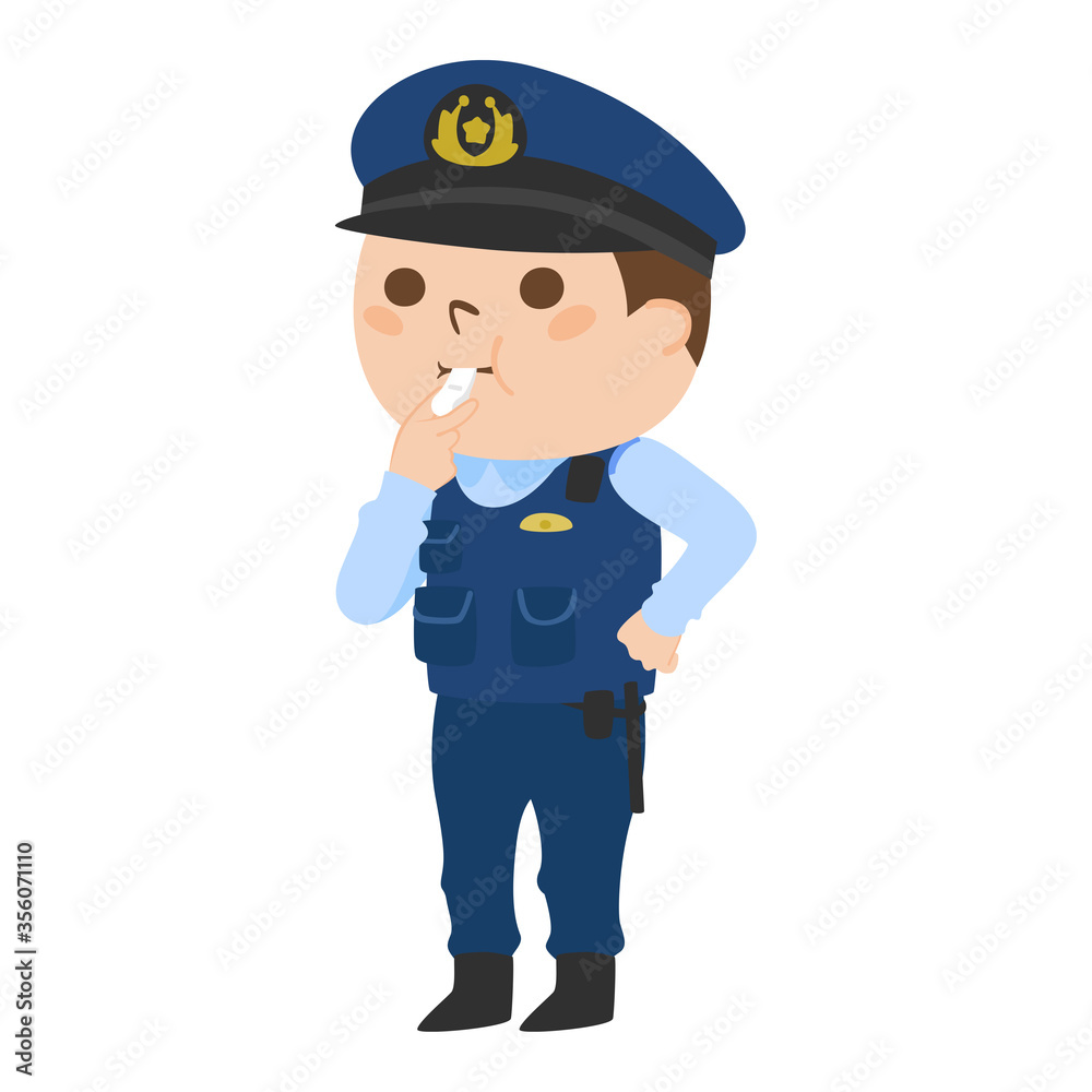 笛を吹いてる男性警察官のイラスト。