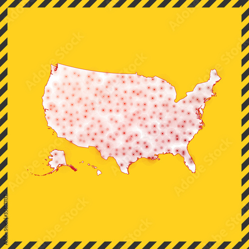 USA closed - virus danger sign. Lock down country icon. Black striped border around map with virus spread concept. Vector illustration.