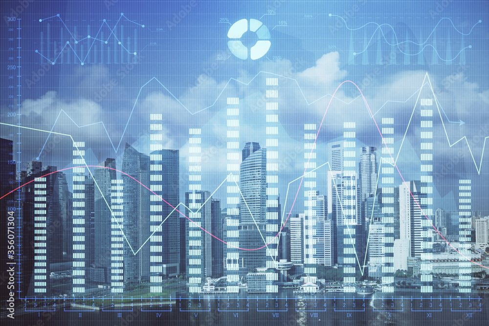 Obraz premium Forex chart on cityscape with skyscrapers wallpaper multi exposure. Financial research concept.