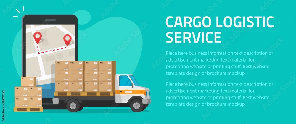 Logistic cargo mobile courier online flyer poster template mockup design or freight delivery and shipping transportation brochure page layout and banner vector flat illustration modern