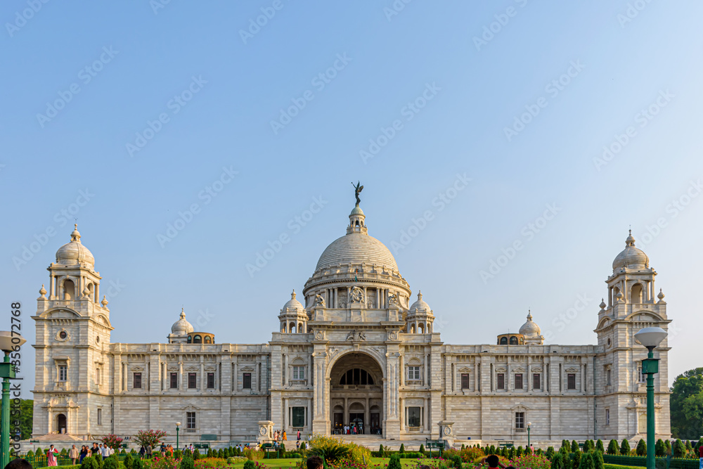 View of Victoria Memorial, a historical monument built by the British in memory of Queen Victoria located in Kolkata, West Bengal, India 