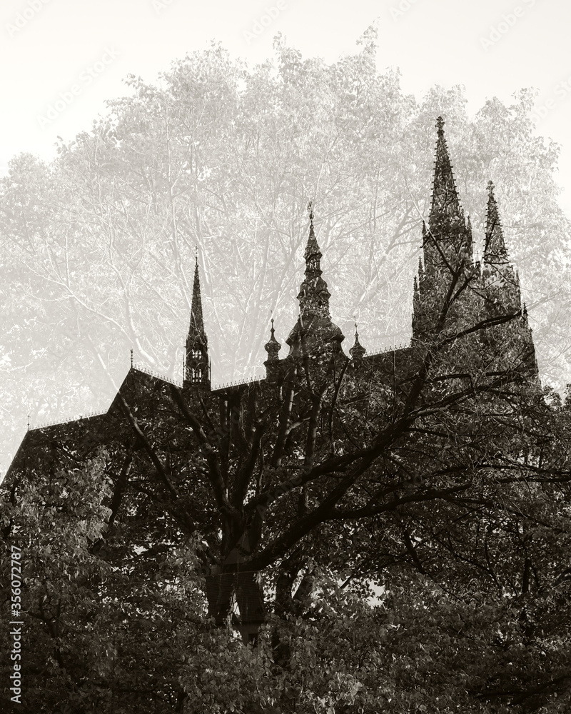 View of St. Vitus Cathedral from the Deer Moat. Monochrome. Multiple exposure.