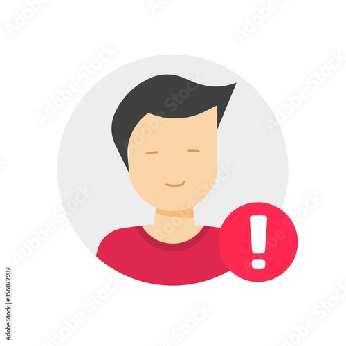 User profile caution or important notice identification vector icon, personal fake account or fraud risk data alert notification vector flat male man symbol, web person id safety message isolated