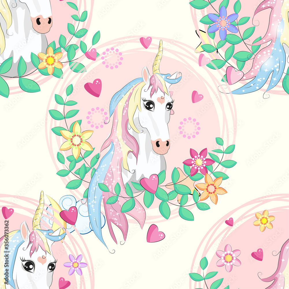 seamless pattern with cute unicorns, clouds,rainbow and stars. Magic background with little unicorns. seamless pattern with cute unicorns, clouds,rainbow and stars. Magic background with little unicorns.