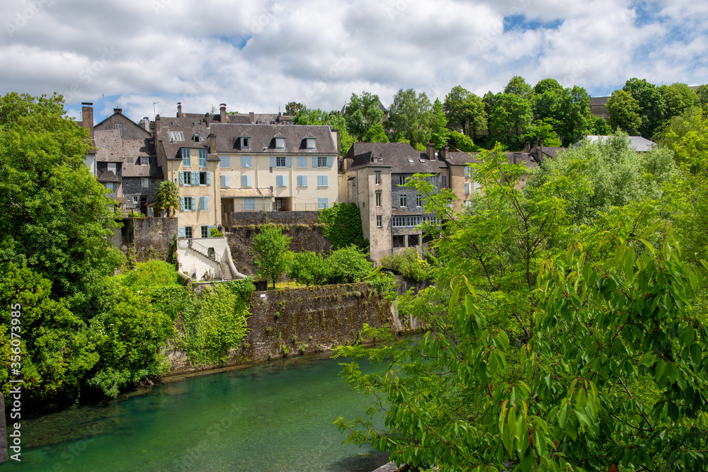 French landscape in the country on the Oloron river. Oloron Sainte Marie, france