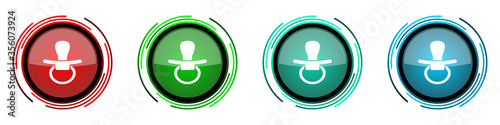 Pacifier, nipple round glossy vector icons, set of buttons for webdesign, internet and mobile phone applications in four colors options isolated on white background