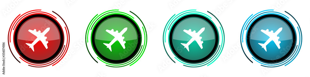 Flight round glossy vector icons, plane, aircraf set of buttons for webdesign, internet and mobile phone applications in four colors options isolated on white background