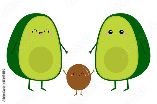 Avocado happpy family. Mother, father and baby holding hands. Cute cartoon kawaii funny character set. Love greeting card. Happy Valentines day. Healthy food. Flat design. White background.