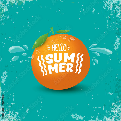 Vector Hello Summer party label or flyer Design template with fresh orange fruit on azure background. Hello summer concept label or poster with fruit and letternig text photo