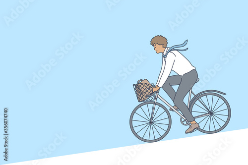 Cycling, business, weekend concept. Young afro american businessman clerk manager cartoon character riding bicycle to work on city street after weekends. Active lifestyle sport activity illustration.