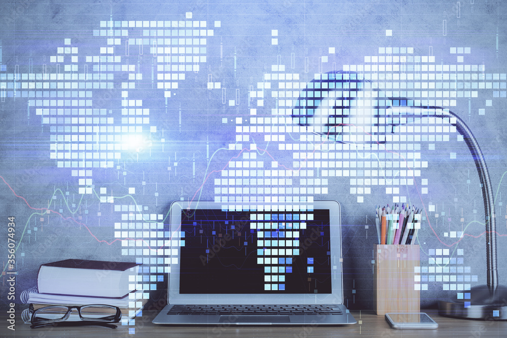Double exposure of business theme icons and work space with computer background. Concept of success. Double exposure of business theme icons and work space with computer background. Concept of success.