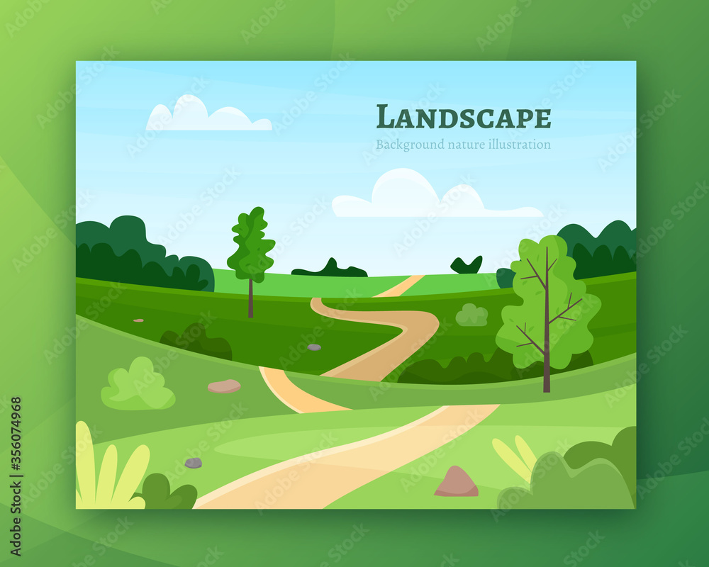 Fototapeta premium Nature park or forest outdoor background with trees. Flat cartoon style vector illustration.