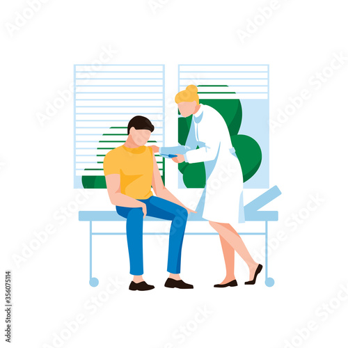 Doctor injecting flu shot vaccine to patient arm. Male character at hospital reception. Concept of virus protection, vaccanation and medichine. Viruses and disease prevention. Flat vector illustration