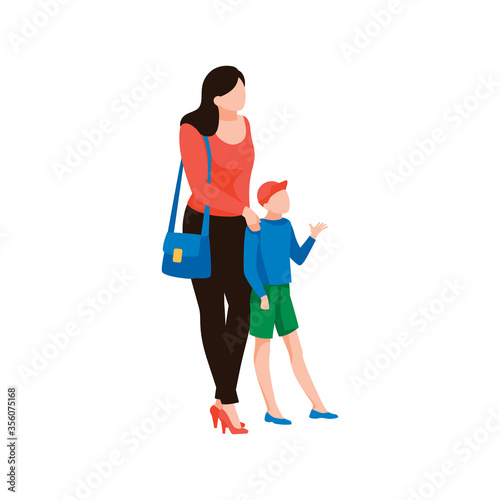 Young mother with son, isolated on white background. Child with parent waiting for doctor. Female character with kid are in full growth. Family, motherhood and parenthood. Flat vector illustration
