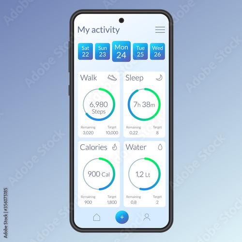 Fitness app design. Ui and Ux design with health analytics. Mobile phone dashboard. Activity smartphone screen with walk, sleep, calories and water icons and diagrams. Vector illustration.
