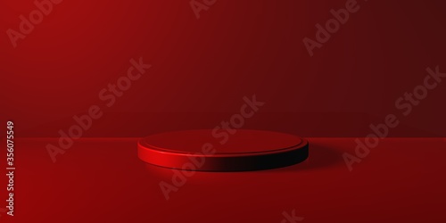 Espositore vuoto circolare rosso su fondo rosso, podio o piedistallo per esposizione prodotti, base circolare con sfondo vuoto, Rendering 3D, visione frontale photo