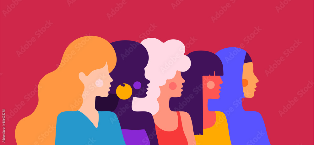 Women silhouette. Modern flat character. Simple character of women of different nationalities, races, arab, asian, european, african. Woman character, concept, flat color graphic. Vector Illustration