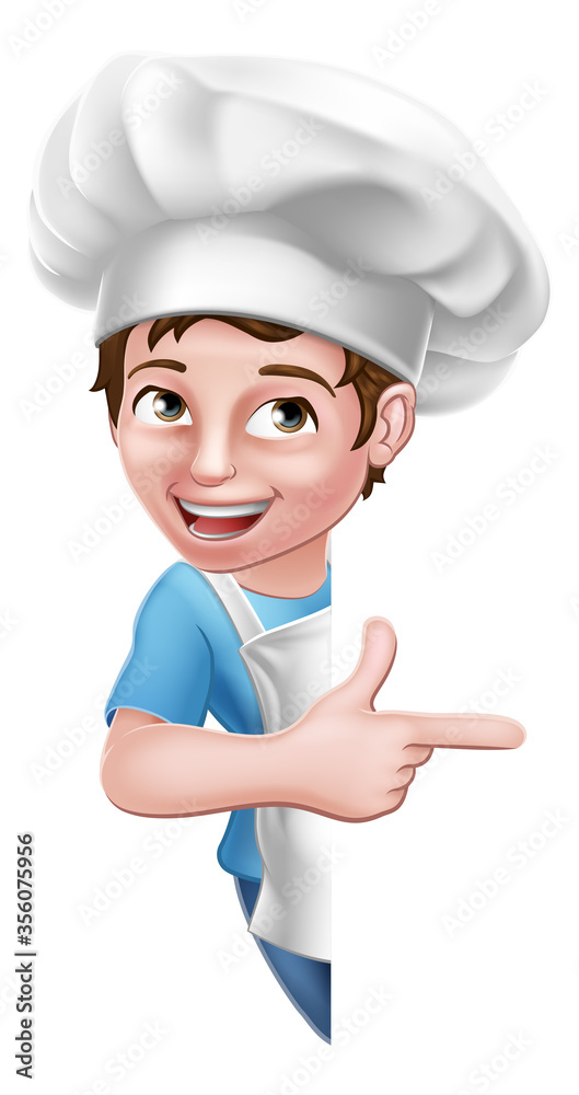 A kid cartoon boy chef, cook or baker child peeking around a sign and pointing at it A kid cartoon boy chef, cook or baker child peeking around a sign and pointing at it