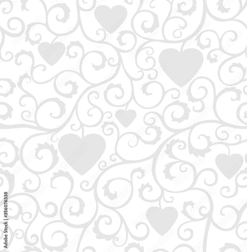 Seamless silver ornament with curls and hearts on a white background.