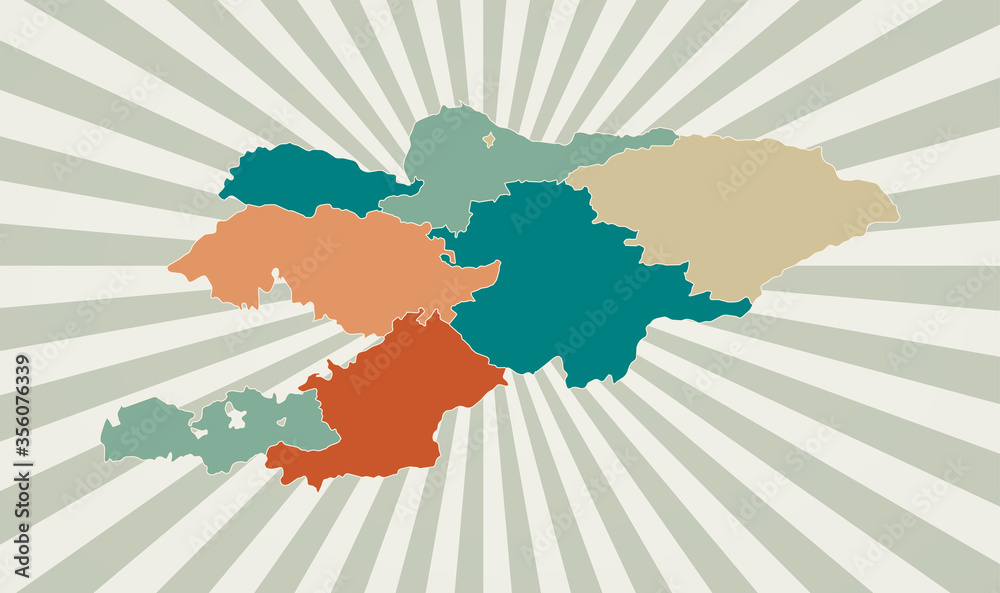 Fototapeta premium Kyrgyzstan map. Poster with map of the country in retro color palette. Shape of Kyrgyzstan with sunburst rays background. Vector illustration.