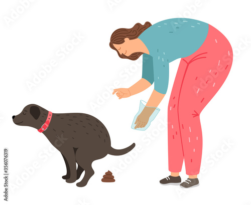 Clean after pet. Woman clean waste and litter after dog, vector illustration poster about hygiene animal toilet isolated on white background