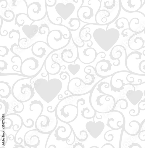 Seamless silver ornament with curls and hearts on a white background.