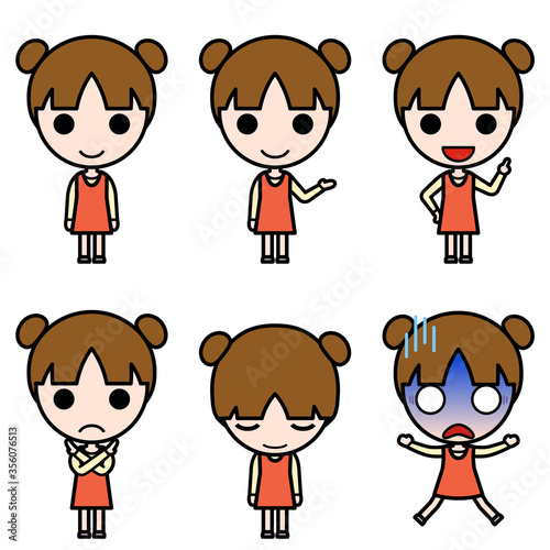 アイコン風人物 お団子ヘア（ツイン）の幼い女の子の様々なポーズ
